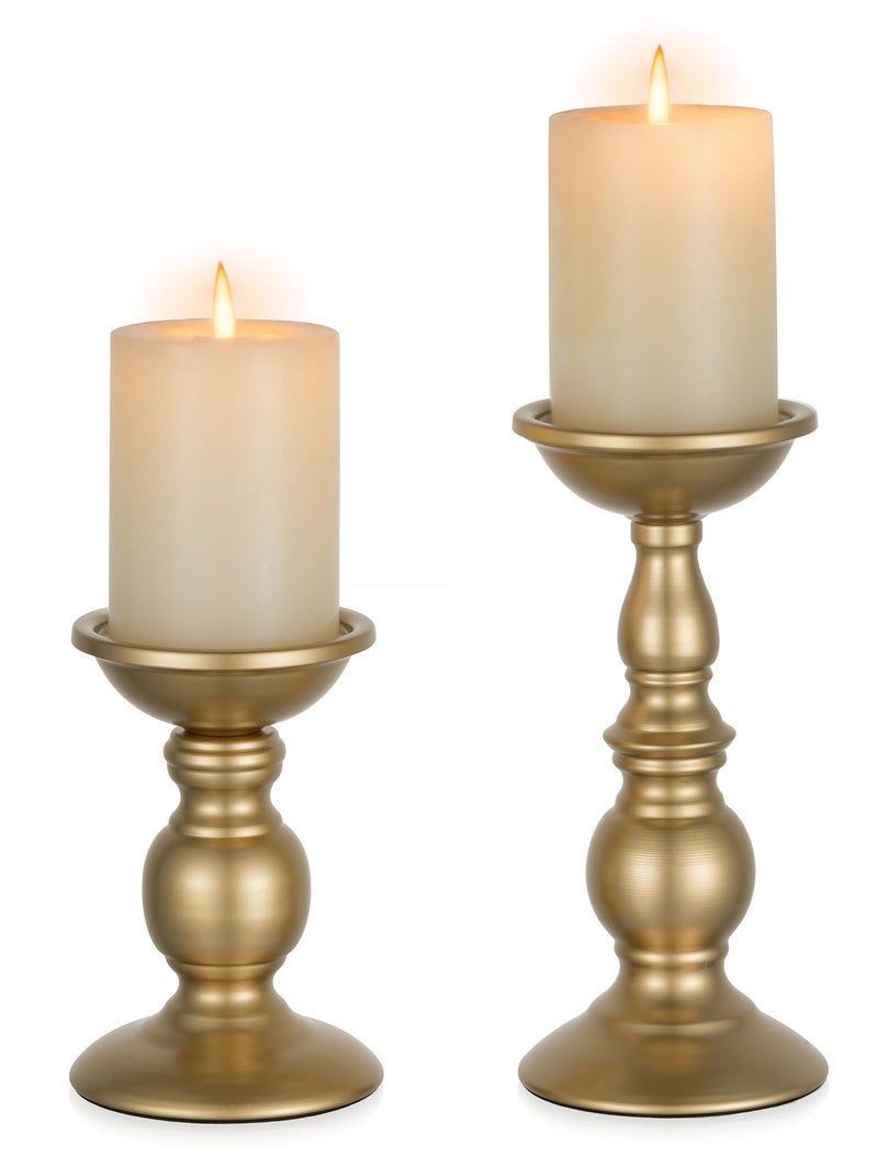 NUPTIO 2 Pcs Gold Pillar Candle Holders, Gold Candlestick Most Ideal for 3" Pillar Candles, Gifts for Wedding, Party, Home, Spa, Reiki, Votive Candle (S + L) - Image 1